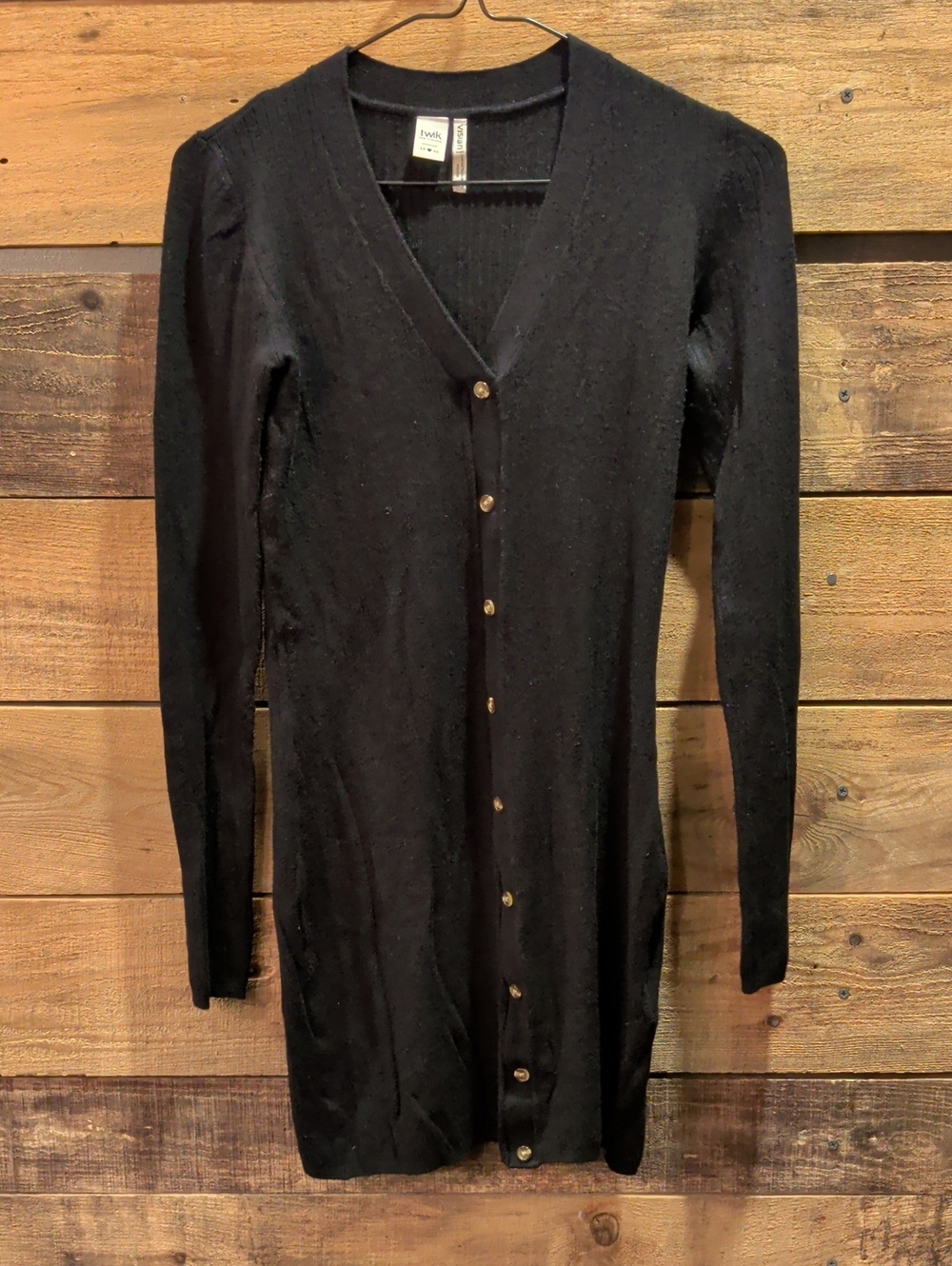 twik Black Long Sleeve Button-Front V-Neck Dress